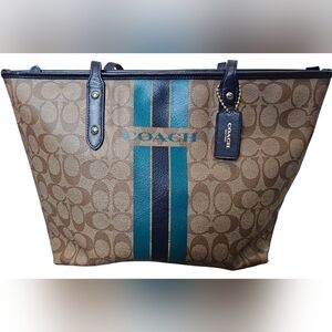 Coach Signature Varsity Stripe City Zip Leather PVC In Khaki/watermelon/navy.